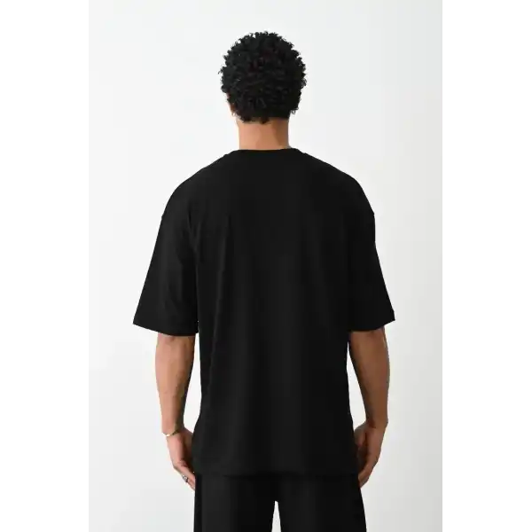 Erkek Boxy Eldiven Baskılı T-Shirt Kısa Kol Bisiklet Yaka Tişört - Siyah