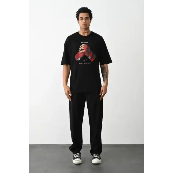 Erkek Boxy Eldiven Baskılı T-Shirt Kısa Kol Bisiklet Yaka Tişört - Siyah