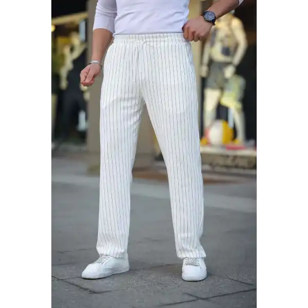 Erkek Cizgili Dokuma Krep Jogger Buggy Pantalon Rahat kalıp - Beyaz