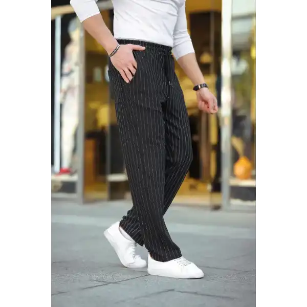 Erkek Cizgili Dokuma Krep Jogger Buggy Pantalon Rahat kalıp - Siyah