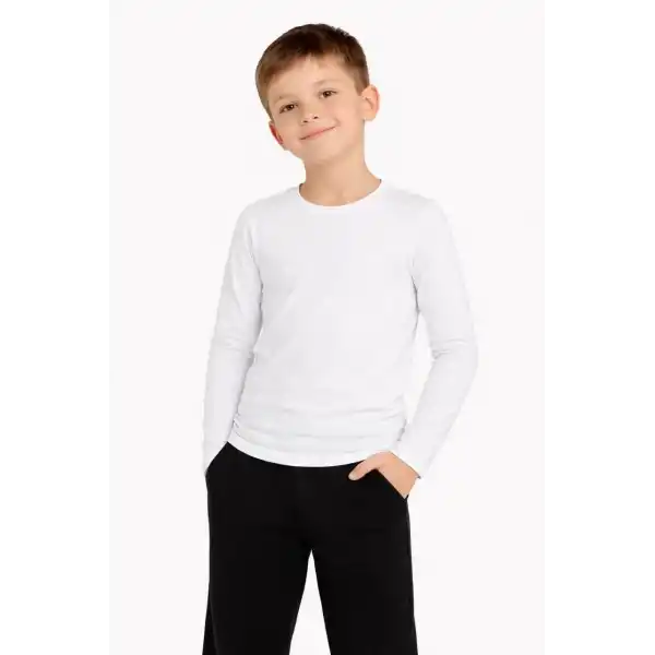 Erkek Çocuk Basic Uzun Kollu Tişört Okul Günlük Rahat T-Shirt - Beyaz