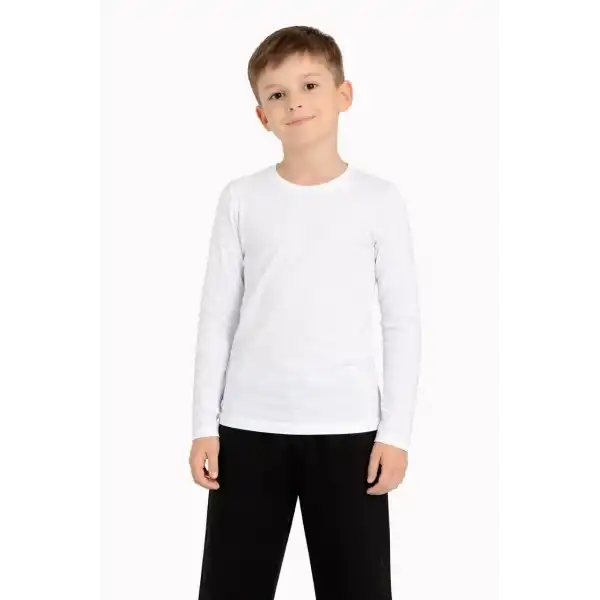 Erkek Çocuk Basic Uzun Kollu Tişört Okul Günlük Rahat T-Shirt - Beyaz