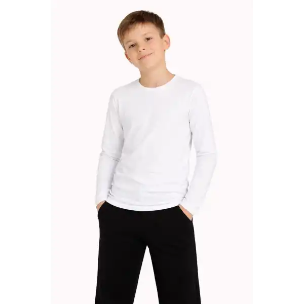 Erkek Çocuk Basic Uzun Kollu Tişört Okul Günlük Rahat T-Shirt - Beyaz