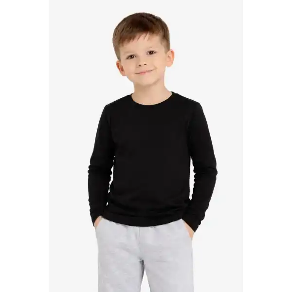 Erkek Çocuk Basic Uzun Kollu Tişört Okul Günlük Rahat T-Shirt - Siyah