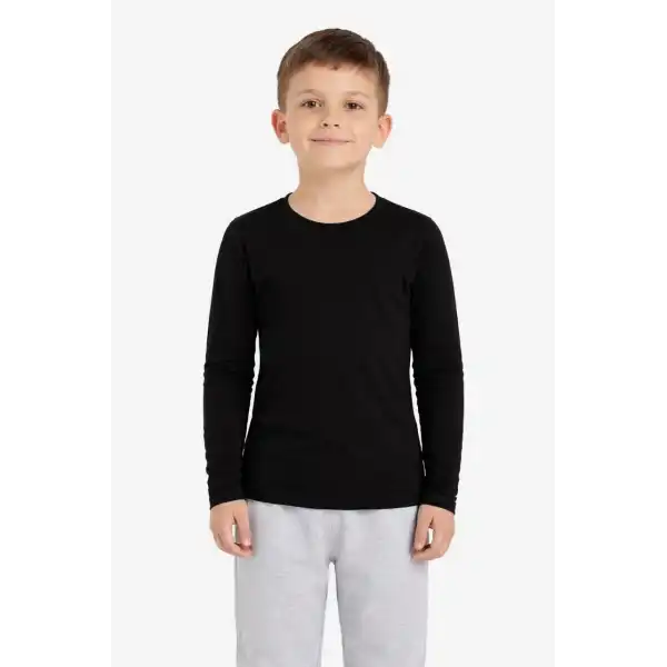 Erkek Çocuk Basic Uzun Kollu Tişört Okul Günlük Rahat T-Shirt - Siyah