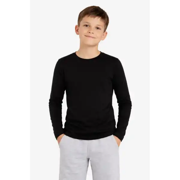 Erkek Çocuk Basic Uzun Kollu Tişört Okul Günlük Rahat T-Shirt - Siyah