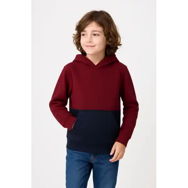 Erkek Çocuk Kapüşonlu Kanguru Cepli Parçalı SweatShirt - Renkli