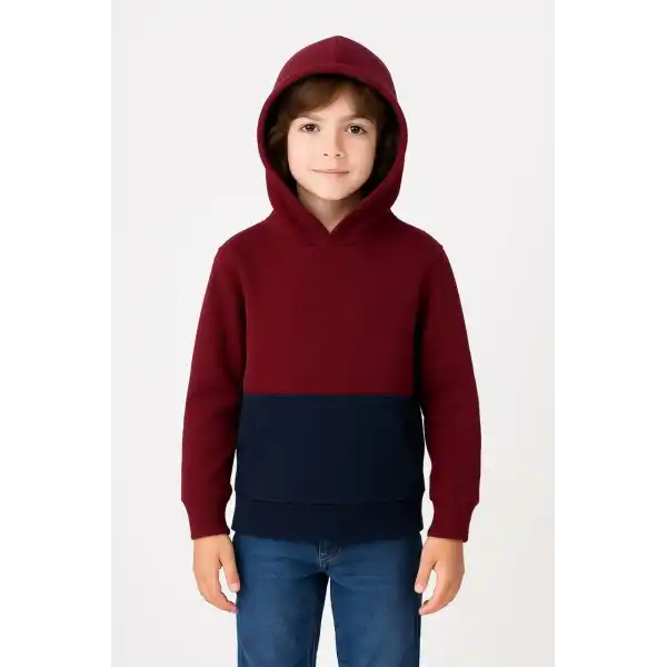 Erkek Çocuk Kapüşonlu Kanguru Cepli Parçalı SweatShirt - Renkli