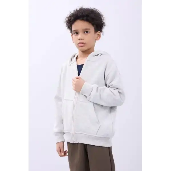 Erkek Çocuk Kapüşonlu Kanguru Cepli Tam Fermuarlı Hırka SweatShirt - Gri