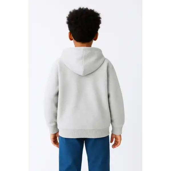Erkek Çocuk Kapüşonlu Kanguru Cepli Tam Fermuarlı Hırka SweatShirt - Gri