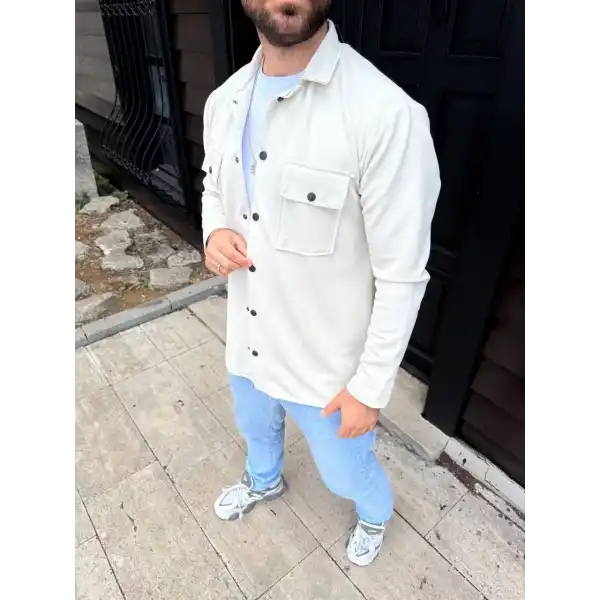 Erkek Diagonal Kumaş Cepli Çıtçıtlı uzun Kollu, Gömlek Oversize Rahat Kalıp Günlük Şık Stil - Beyaz