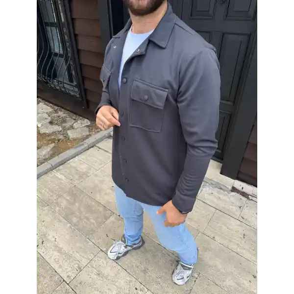 Erkek Diagonal Kumaş Cepli Çıtçıtlı uzun Kollu, Gömlek Oversize Rahat Kalıp Günlük Şık Stil - Füme