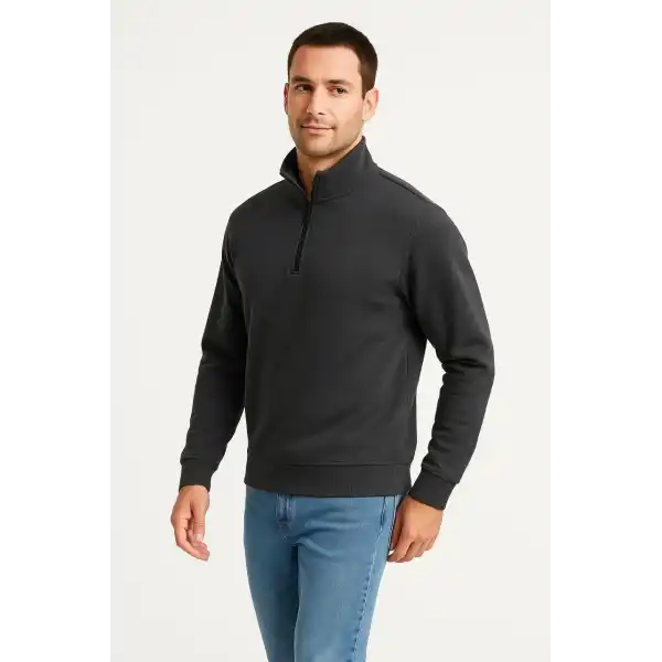 Erkek Dik Yaka Yarım Fermuarlı 3 İplik Pamuklu Sweatshirt -  Antrasit