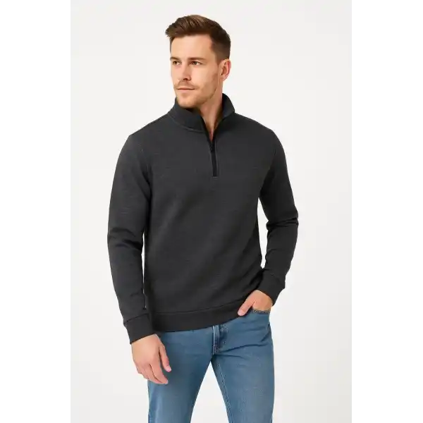 Erkek Dik Yaka Yarım Fermuarlı 3 İplik Pamuklu Sweatshirt -  Antrasit