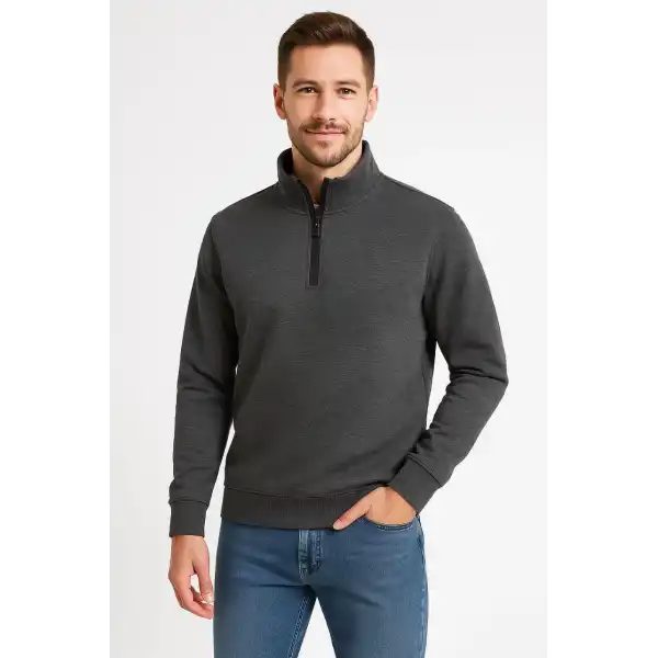 Erkek Dik Yaka Yarım Fermuarlı 3 İplik Pamuklu Sweatshirt -  Antrasit