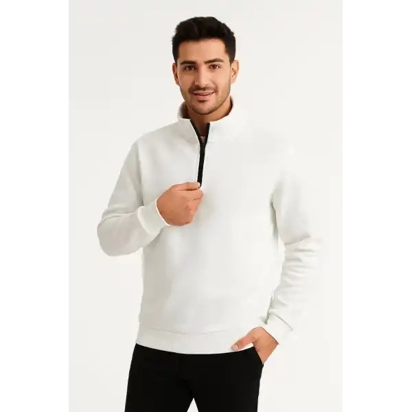 Erkek Dik Yaka Yarım Fermuarlı 3 İplik Pamuklu Sweatshirt - Beyaz
