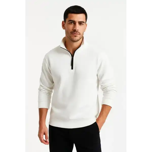 Erkek Dik Yaka Yarım Fermuarlı 3 İplik Pamuklu Sweatshirt - Beyaz