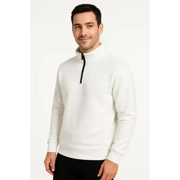 Erkek Dik Yaka Yarım Fermuarlı 3 İplik Pamuklu Sweatshirt - Beyaz