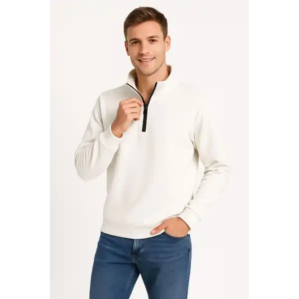 Erkek Dik Yaka Yarım Fermuarlı 3 İplik Pamuklu Sweatshirt - Beyaz