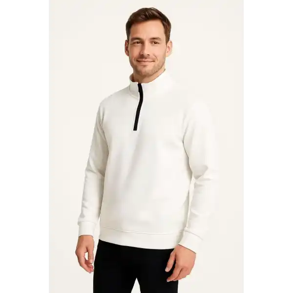 Erkek Dik Yaka Yarım Fermuarlı 3 İplik Pamuklu Sweatshirt - Beyaz