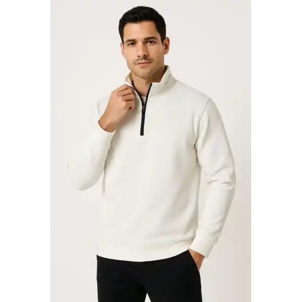 Erkek Dik Yaka Yarım Fermuarlı 3 İplik Pamuklu Sweatshirt - Beyaz