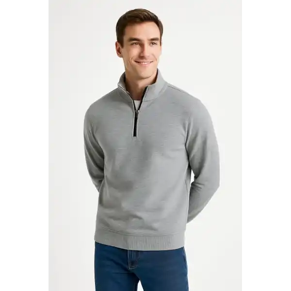 Erkek Dik Yaka Yarım Fermuarlı 3 İplik Pamuklu Sweatshirt - Gri