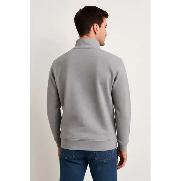 Erkek Dik Yaka Yarım Fermuarlı 3 İplik Pamuklu Sweatshirt - Gri