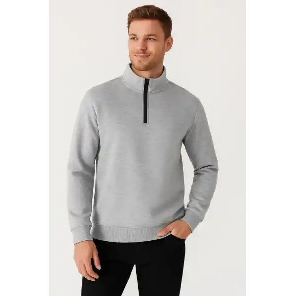 Erkek Dik Yaka Yarım Fermuarlı 3 İplik Pamuklu Sweatshirt - Gri