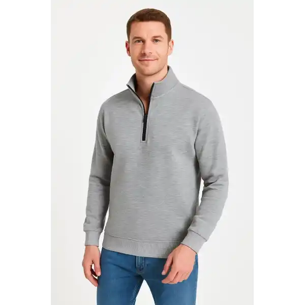 Erkek Dik Yaka Yarım Fermuarlı 3 İplik Pamuklu Sweatshirt - Gri