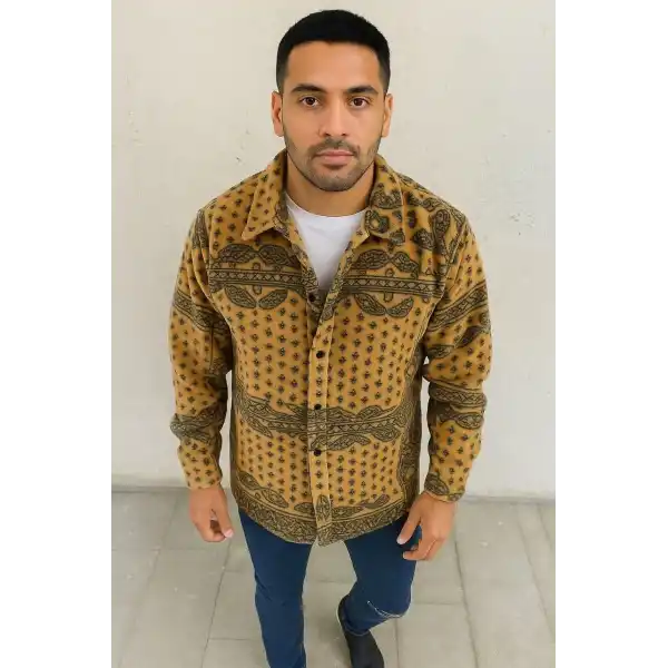 Erkek Düğmeli Gömlek Polar Sweatshirt Yumuşak Dokulu Oversize Kalıp -Sarı