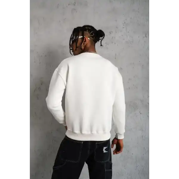 Erkek Düz Bisiklet Yaka 3 iplik pamuklu Sweatshirt - Beyaz