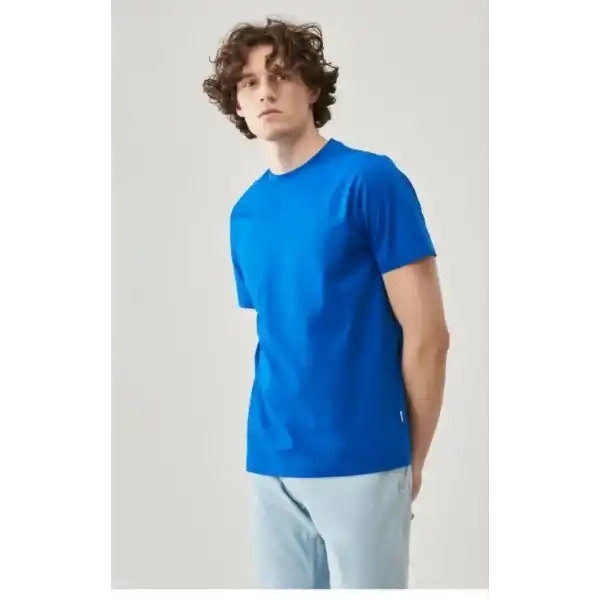 Erkek Düz Penye Tişört Bisiklet Yaka Kısa Kol Regular Fit T-Shirt - Mavi