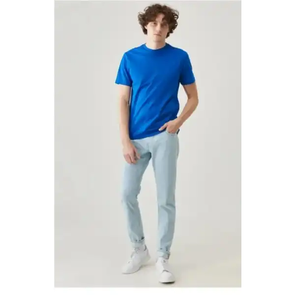 Erkek Düz Penye Tişört Bisiklet Yaka Kısa Kol Regular Fit T-Shirt - Mavi