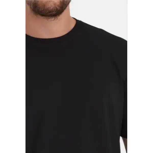 Erkek Düz Penye Tişört Bisiklet Yaka Kısa Kol Regular Fit T-Shirt - Siyah