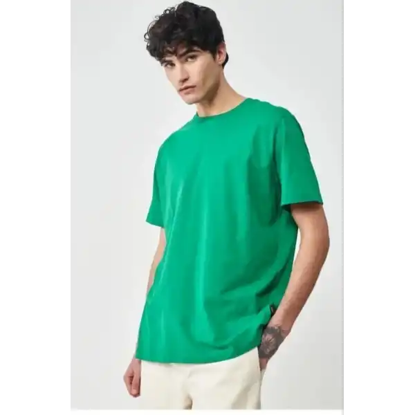 Erkek Düz Penye Tişört Bisiklet Yaka Kısa Kol Regular Fit T-Shirt - Yeşil