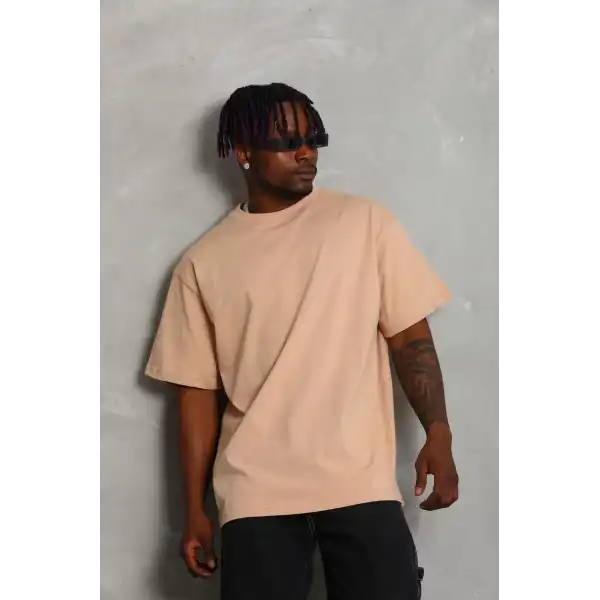 Erkek Düz Yazlık Kısa Kol Tişört Bisiklet Yaka Oversize T-Shirt - Bej