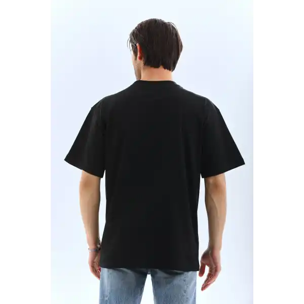 Erkek Düz Yazlık Kısa Kol Tişört Bisiklet Yaka Oversize T-Shirt - Siyah