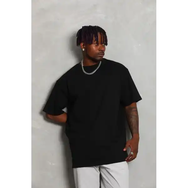 Erkek Düz Yazlık Kısa Kol Tişört Bisiklet Yaka Oversize T-Shirt - Siyah