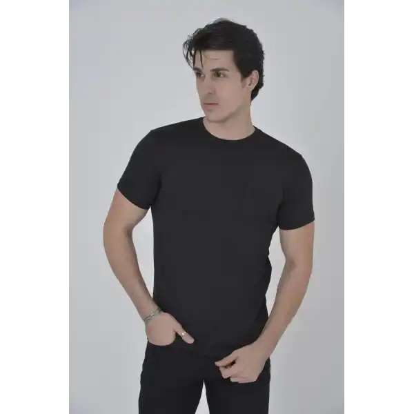 Erkek File Çepli  T-Shirt Kısa Kol Bisiklet Yaka Slimfit Tişört - Siyah