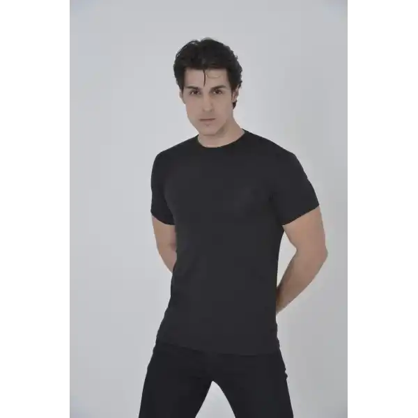 Erkek File Çepli  T-Shirt Kısa Kol Bisiklet Yaka Slimfit Tişört - Siyah