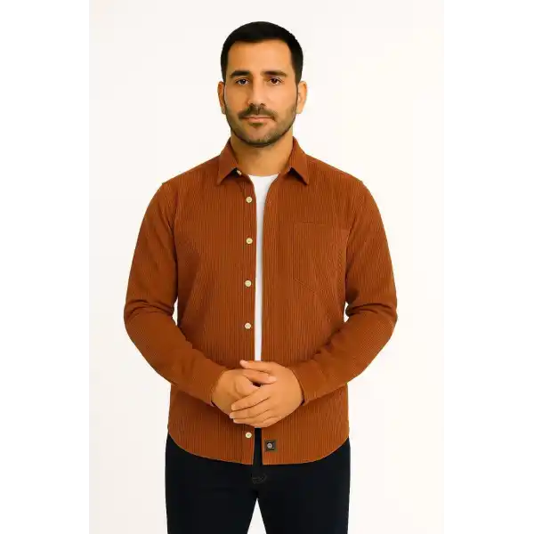 Erkek Fitilli Kadife Cepli Gömlek Oversize Rahat Kalıp - Kahverengi
