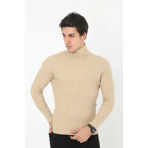 Erkek Fitilli Kaşkorse Kumaş Boğazlı Full Likralı Slimfit Body - Bej