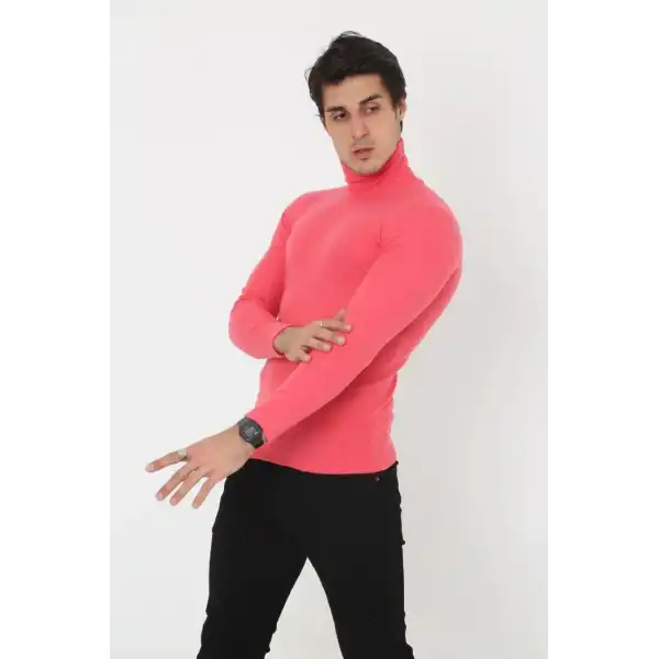 Erkek Fitilli Kaşkorse Kumaş Boğazlı Full Likralı Slimfit Body - Pembe
