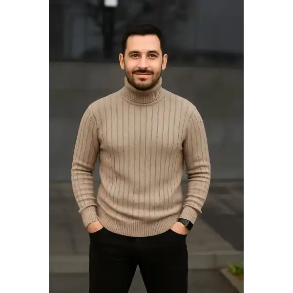 Erkek Fitilli Kazak Tam Boğazlı Balıkçı Yaka Triko 2li Set Bej-Siyah