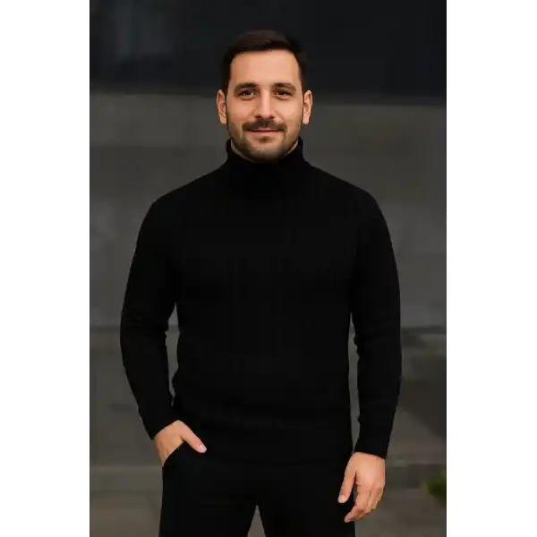 Erkek Fitilli Kazak Tam Boğazlı Balıkçı Yaka Triko 2li Set Bej-Siyah