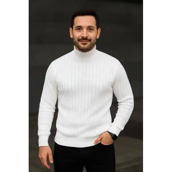 Erkek Fitilli Kazak Tam Boğazlı Balıkçı Yaka Triko 2li Set Beyaz-Siyah