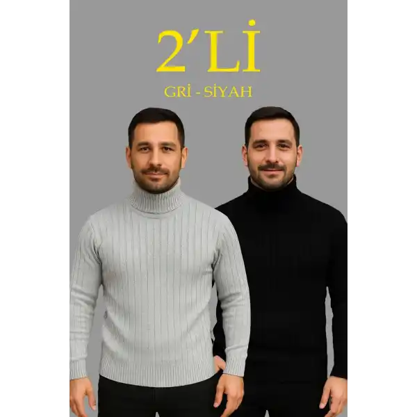 Erkek Fitilli Kazak Tam Boğazlı Balıkçı Yaka Triko 2li Set Gri-Siyah