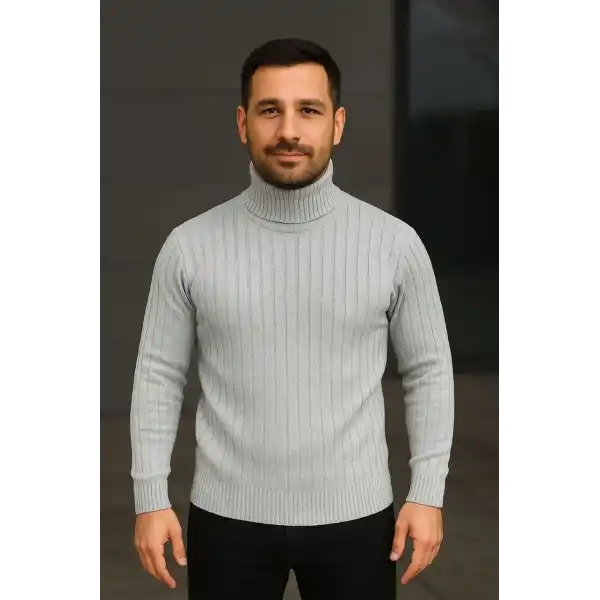 Erkek Fitilli Kazak Tam Boğazlı Balıkçı Yaka Triko 2li Set Gri-Siyah