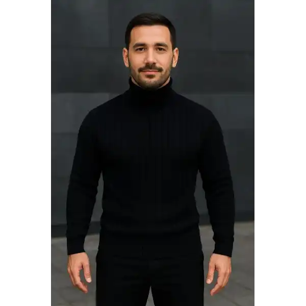 Erkek Fitilli Kazak Tam Boğazlı Balıkçı Yaka Triko 2li Set Gri-Siyah