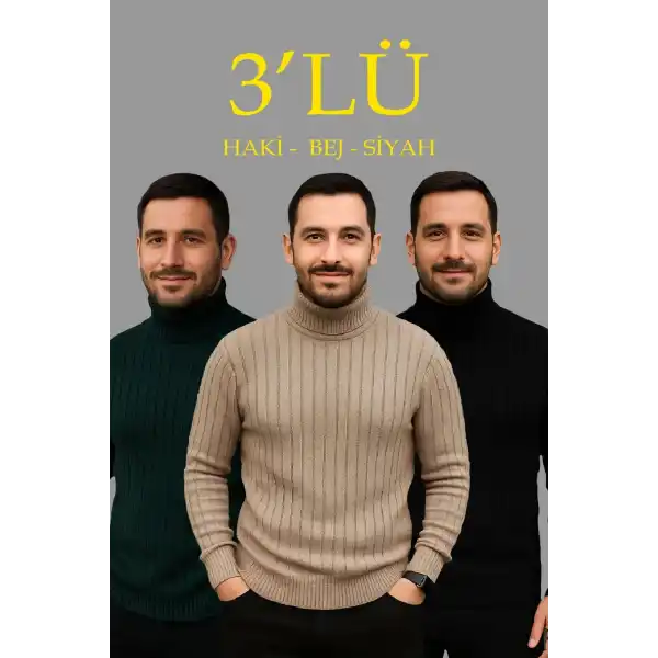 Erkek Fitilli Kazak Tam Boğazlı Balıkçı Yaka Triko 3lü Set  Bej-Haki-Siyah